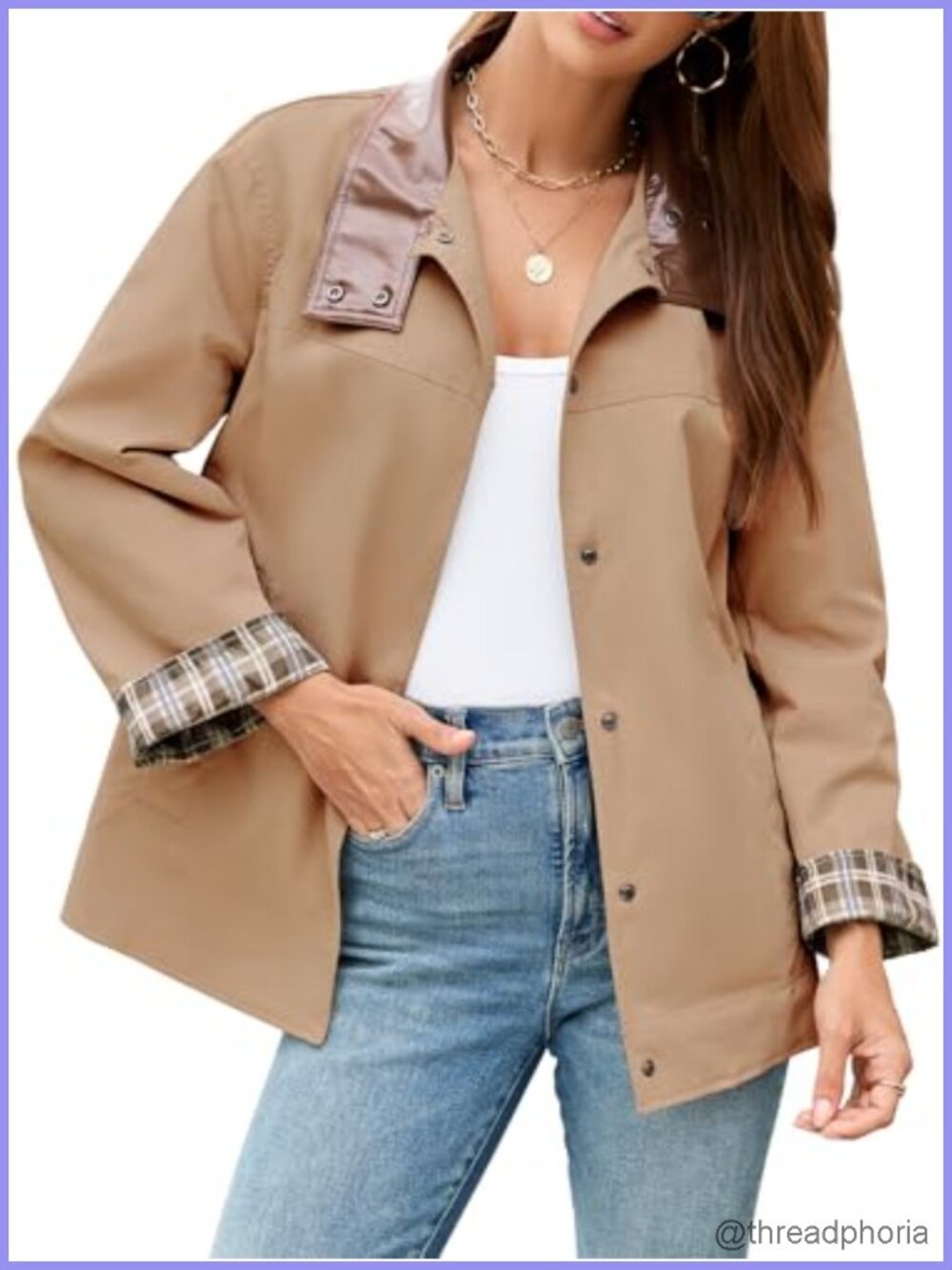 Womens Barn Jacket Plaid Lining Button Down Lightweight Cropped Trench Coat